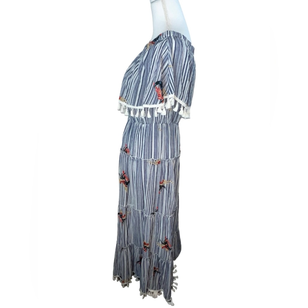 L’ATISTE by AMY Blue & White Off Shoulder tier Maxi Dress with fringe Tassles - Picture 10 of 17